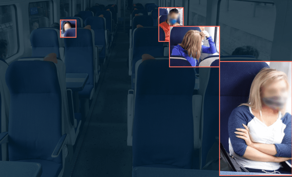 Photo of passengers on a train captured by on surveillance cameras. The glimpse solution uses AI video analytics to count passengers