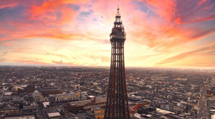 Blackpool tower with the setting sun as a backdrop