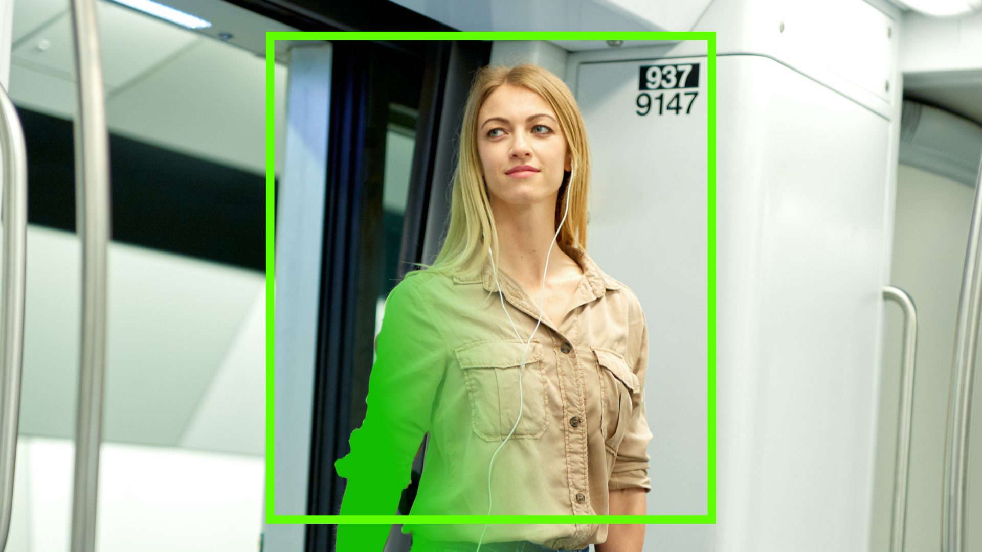 A passenger entering a train carriage with a green square drawn over, to symbolise them being detected and counted as a passenger