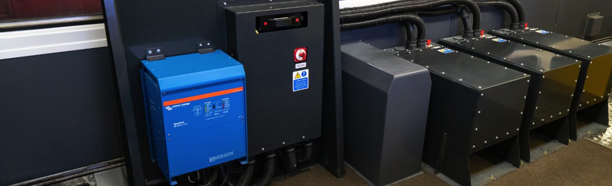 Photograph of the battery charger and lithium batteries installed on one of Network Rail's converted Class 153 Visual Inspection Units