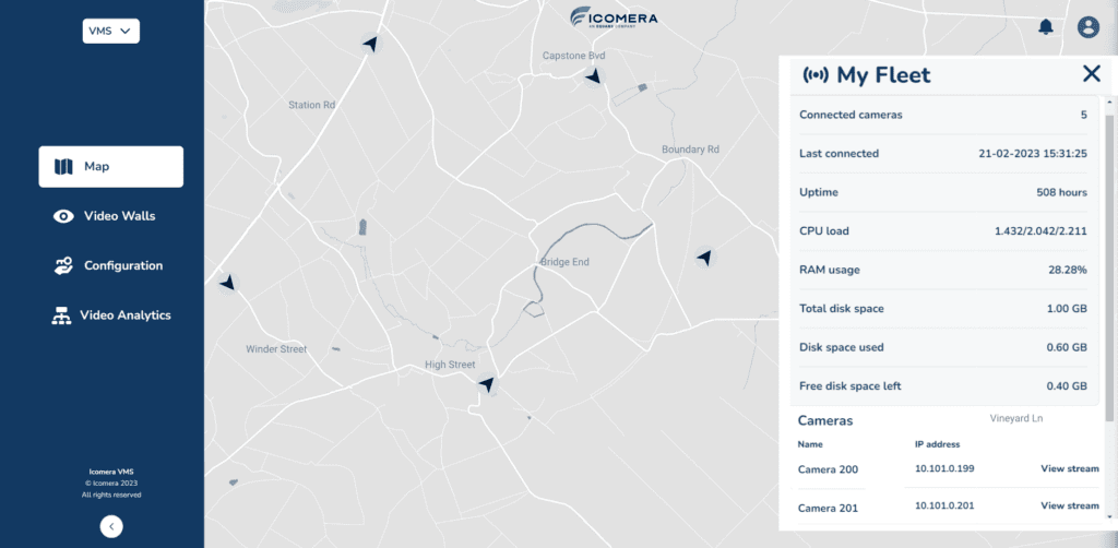 The ICONIC VMS Map screen allows users to track their vehicles and onboard assets, and record and stream video while they are on the move.