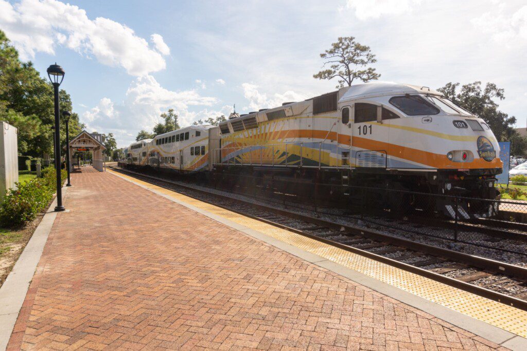 A SunRail train at a station platform