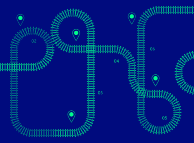 A graphic of train tracks and map markers.