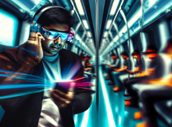 Futuristic illustration of a male passenger on a train.