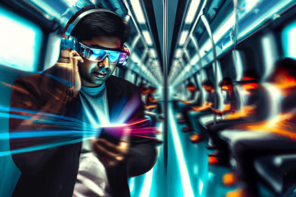 Futuristic illustration of a male passenger on a train.