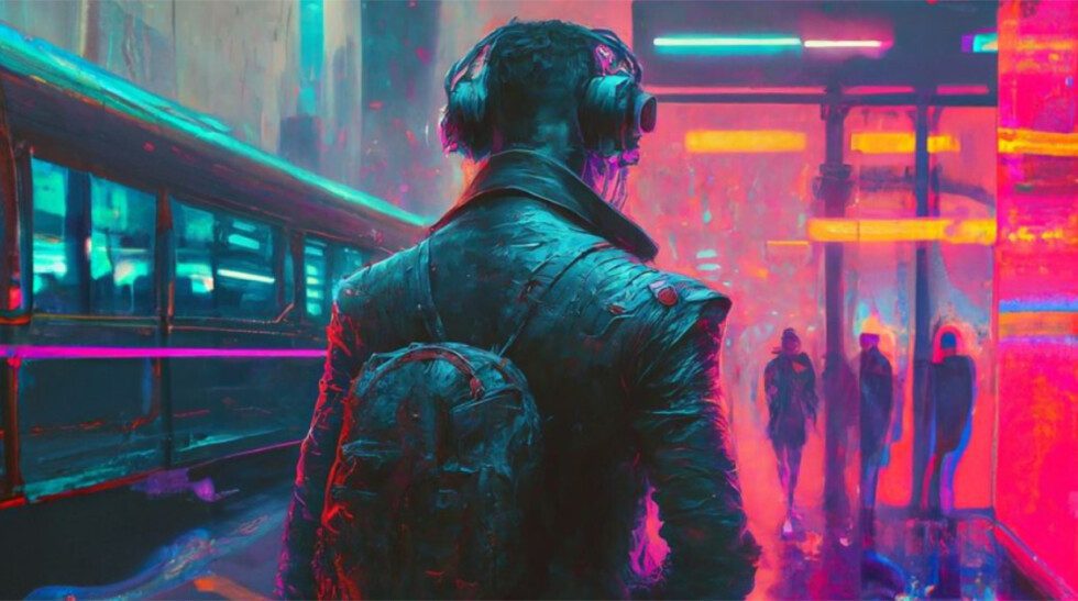 Illustration of a male commuter wearing headphones in a bright style