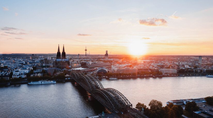 An aerial view of Cologne, Germany at sunrise