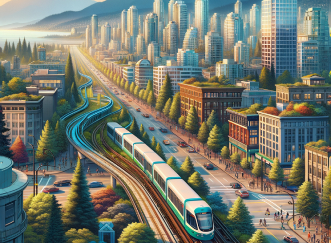 Graphic of a train in a future urban environment