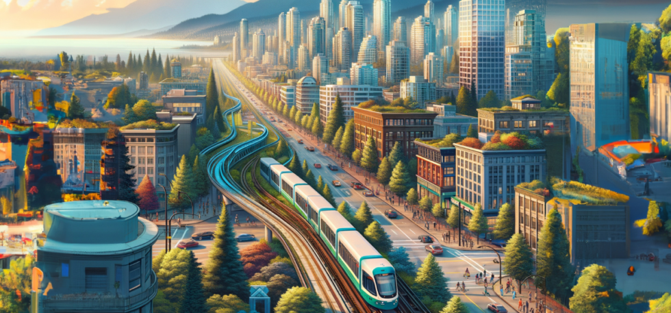 Graphic of a train in a future urban environment
