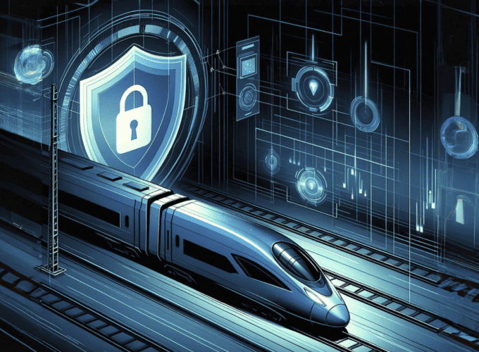 Graphic of a train with a cybersecurity icon next to it