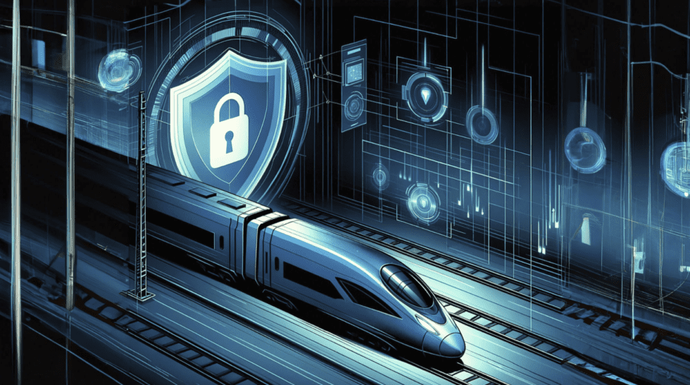 Graphic of a train with a cybersecurity icon next to it