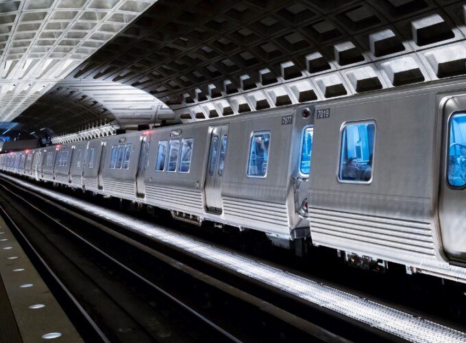 Silver train waits on a platform