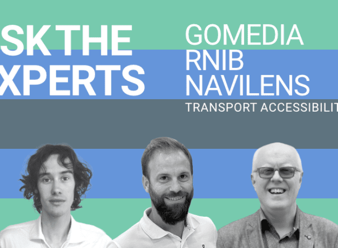 Ask the Esperts: GoMedia, RNIB, NaviLens, with pictures of the speakers Sven Koster, Raúl Moreno, Robin SPinks