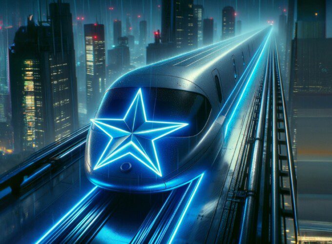 A train with a glowing star on its front speeds through a futuristic night city landscape