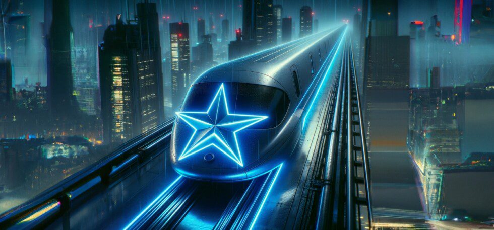 A train with a glowing star on its front speeds through a futuristic night city landscape