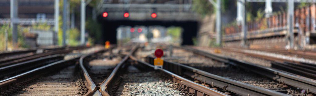 Train signalling switches and crossings with tracks leading up to them.