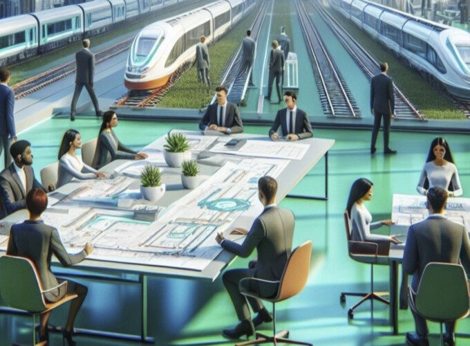 Graphic showing people in business attire sitting at tables near a train track