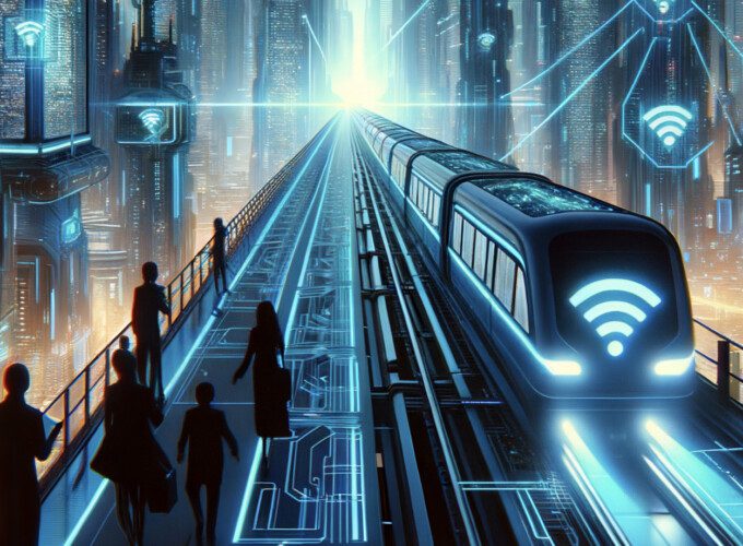 A graphic of a train with a Wi-Fi symbol on its front - Passengers walk on the platform