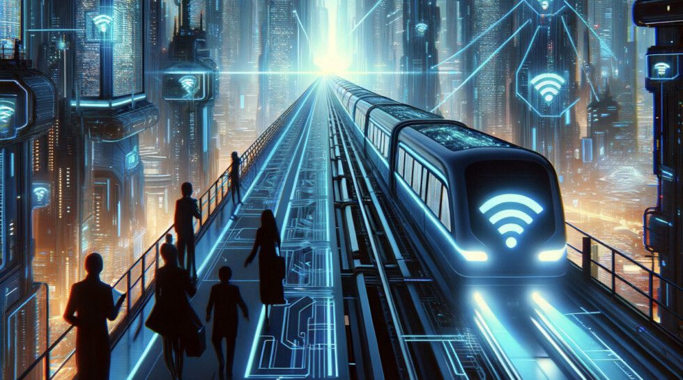A graphic of a train with a Wi-Fi symbol on its front - Passengers walk on the platform