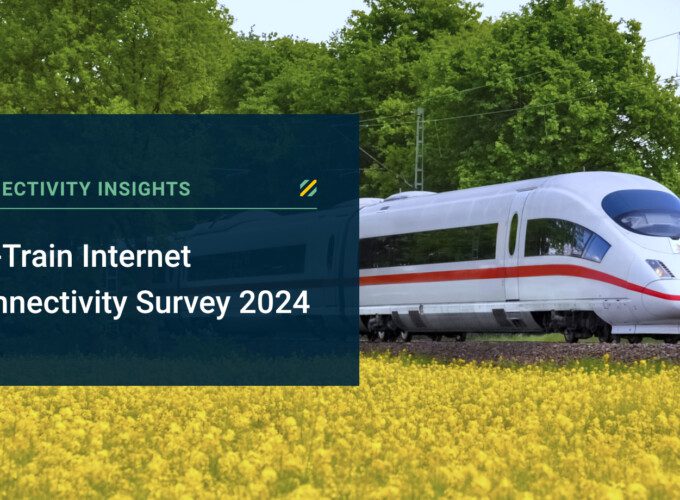 connectivity survey text overlay A train travels through countryside - A text overlay states: Connectivity Insights - On-Train Connectivity Survey 2024