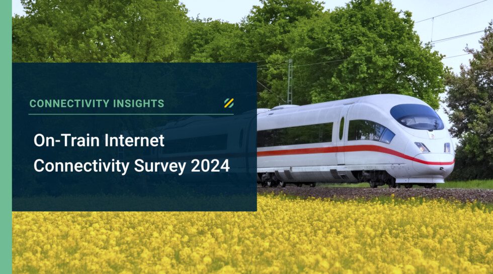 A train travels through countryside - A text overlay states: Connectivity Insights - On-Train Connectivity Survey 2024