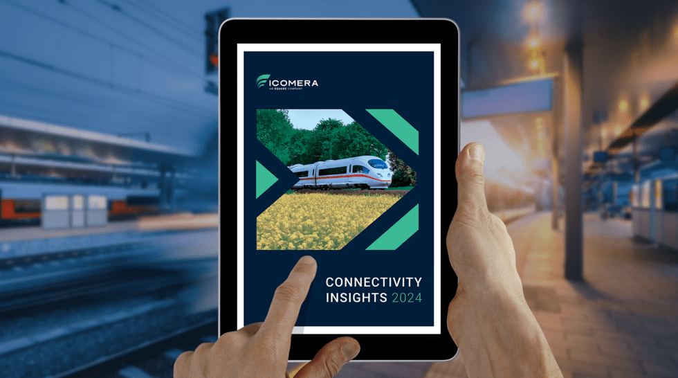Hands holding a tablet computer. On the display is the cover of Icomera's Connectivity Insights 2024 report