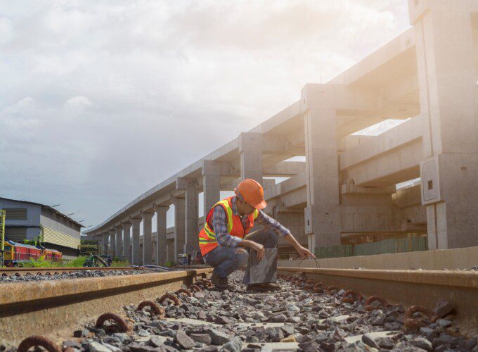 A railway engineer wearing orange high-visibility clothing and hard hat kneels down to inspect a train tack