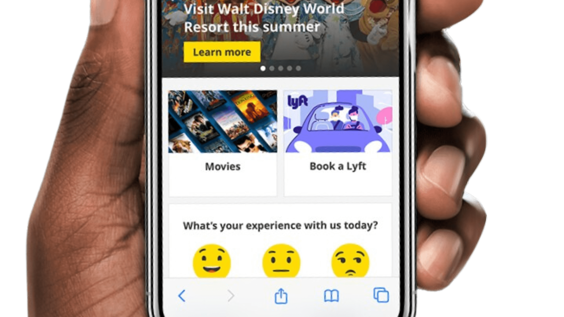 A hand holding a smartphone which displays onboard entertainment and passenger-centric apps - News articles, Movies, "Book a Lyft", and a passenger feedback survey consisting of three emojis (Happy, Nonchalant, Unhappy).