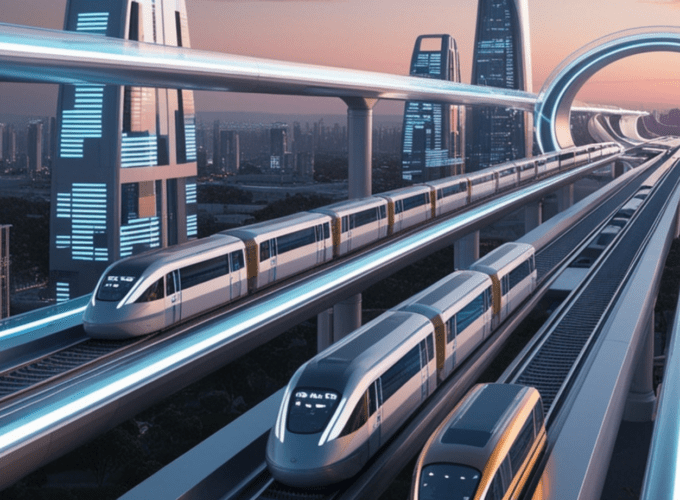 A modern passenger train traveling through a scenic landscape, representing satellite connectivity, Wi-Fi 7, AI, edge computing, and traffic shaping hovering above.