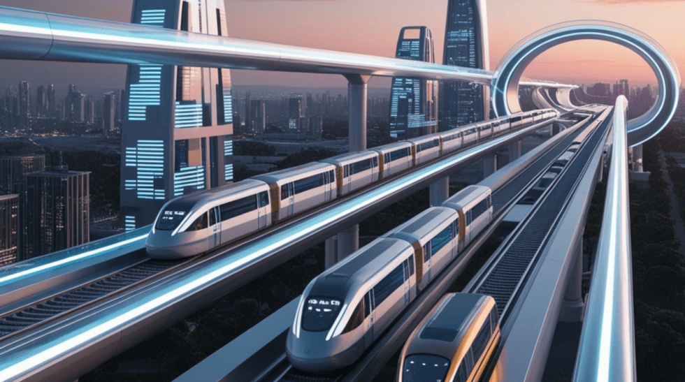 A modern passenger train traveling through a scenic landscape, representing satellite connectivity, Wi-Fi 7, AI, edge computing, and traffic shaping hovering above.