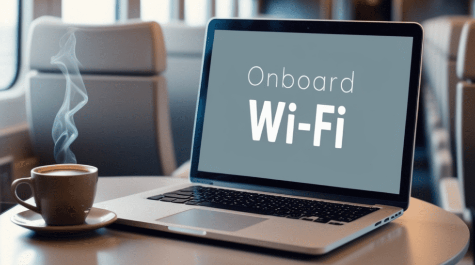 A modern train interior with laptop connected to onboard Wi-Fi, representing the Icomera's pioneering role in transport innovation since 2003.