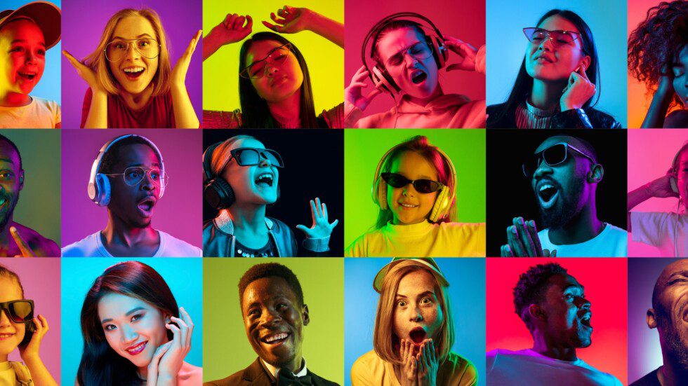 A diverse array of passengers listening to music, or reacting to various media with excitement and joy