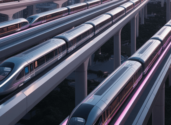 An urban transit scene with a modern train, highlighting enhanced urban mobility and efficient smart transport connectivity.