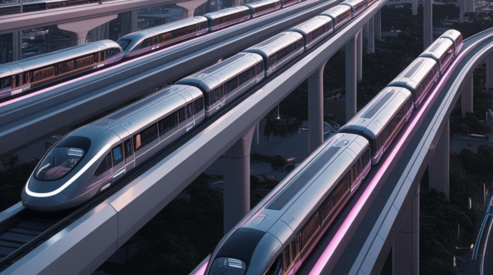 An urban transit scene with a modern train, highlighting enhanced urban mobility and efficient smart transport connectivity.