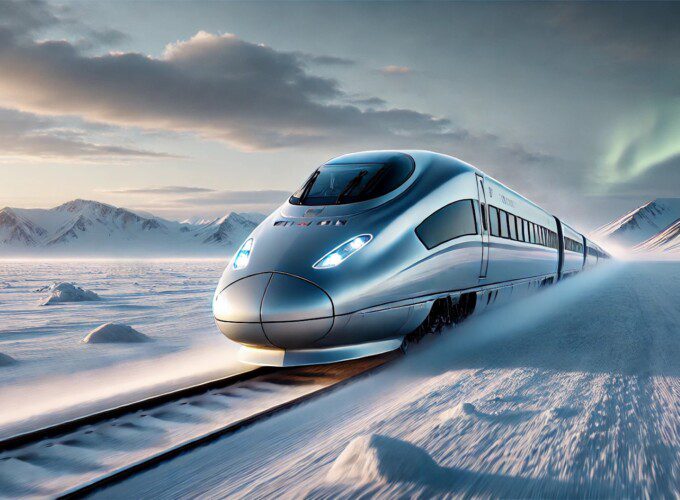 A train speeds through the Arctic tundra.