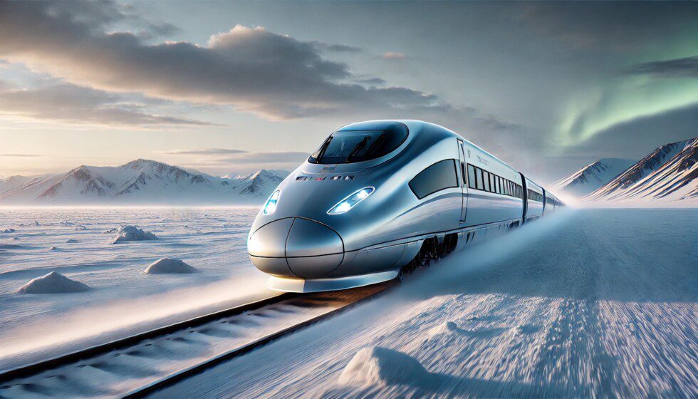 A train speeds through the Arctic tundra.