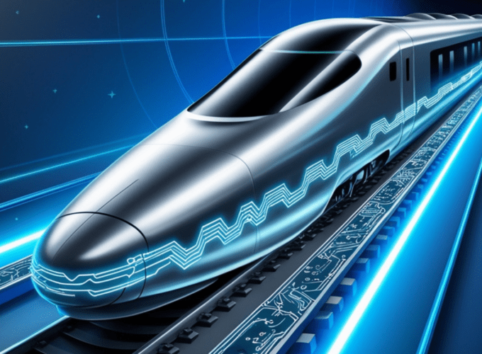 A modern train traveling through a scenic route, representing real-time monitoring, analytics, and seamless connectivity.