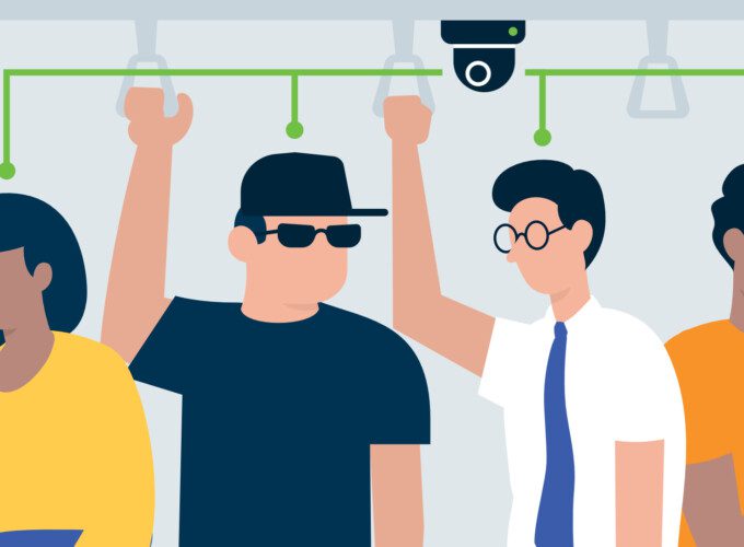A graphic of passengers standing under a video surveillance camera which counts them as being onboard the vehicle.