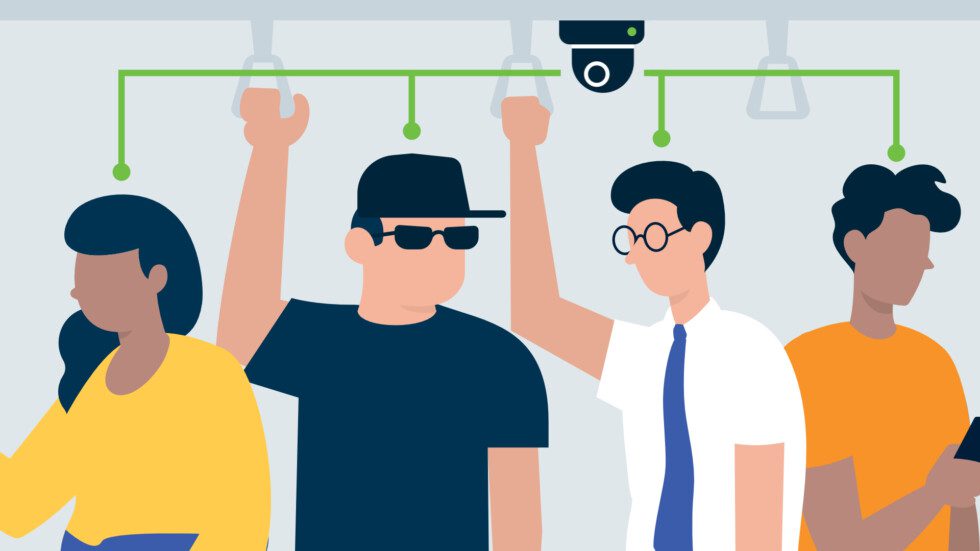 A graphic of passengers standing under a video surveillance camera which counts them as being onboard the vehicle.